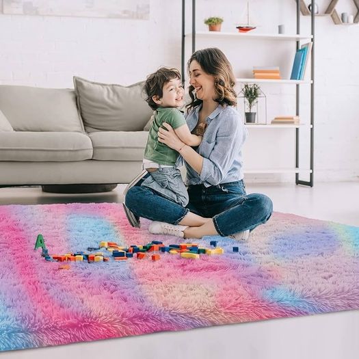 Round Rugs Living Room 120x120 cm  Fluffy Shaggy Rainbow Area Rugs for Bedroom, Lounge Modern Super Soft Non Slip Rug Washable Floor Carpets Bedside Rug for Kid Room
