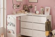 L Shaped Corner Dressing Table with 6 Drawers &amp; Side Pocket White Vanity Desk with USB &amp; Power Ports, Fabric Drawers, Modern Desktop Organiser for Bedroom, Makeup Room