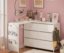 L Shaped Corner Dressing Table with 6 Drawers & Side Pocket White Vanity Desk with USB & Power Ports, Fabric Drawers, Modern Desktop Organiser for Bedroom, Makeup Room