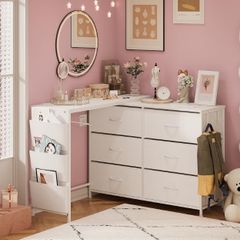 L Shaped Corner Dressing Table with 6 Drawers & Side Pocket White Vanity Desk with USB & Power Ports, Fabric Drawers, Modern Desktop Organiser for Bedroom, Makeup Room