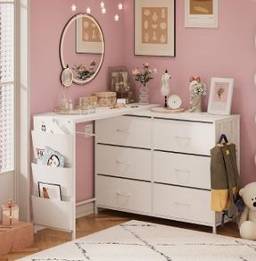 L Shaped Corner Dressing Table with 6 Drawers & Side Pocket White Vanity Desk with USB & Power Ports, Fabric Drawers, Modern Desktop Organiser for Bedroom, Makeup Room