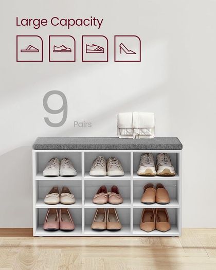 New 9 Compartment Shoe Bench With Padded Stool (White) FREE P&P