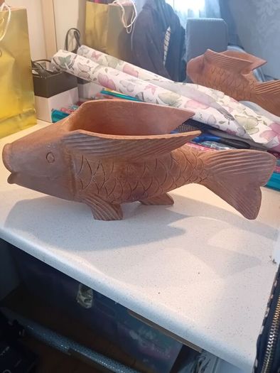Large Koi Carp  Vintage Planter Wooden Handcarved