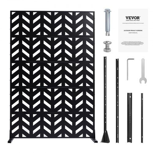 Metal Privacy Screen, 47" W x 72" H, Outdoor Privacy Screens 5-Panel, Freestanding Outdoor Divider with Stand, Decorative Garden Steel Privacy Fence for Balcony Patio Indoor Room Black
