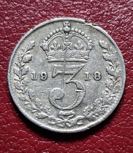 1918 United Kingdom 3 Pence - George V sterling silver coin