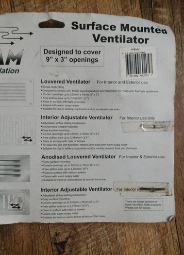 Surface Mounted Ventilator for 9 inch by 3 inch openings