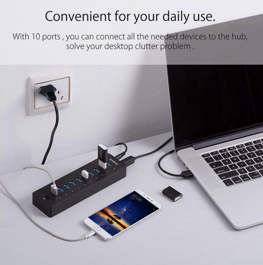 ORICO 10-Port USB3.0 HUB with 36W (12V/3A) Power Adapter 3.3ft USB Date for PC