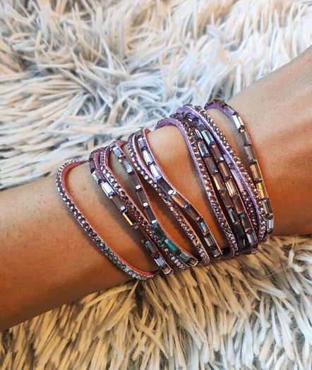 Purple Boho Multi-Layer Leather Bracelet with Rhinestones