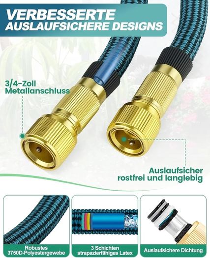 100FT Expandable Garden Hose Pipe with 10 Function Nozzle - Upgraded 3-Layer Latex No-Kink Flexible Water Hose with 1/2" 3/4" Connectors, Expanding Water Hose for Gardening, Washing & Cleaning