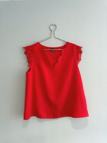 Pre Owned Vibrant Red Scallop Neck Blouse