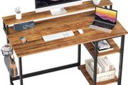 Computer Desk with Full Monitor Stand,100 cm Home Office Desk with Reversible Storage Shelves,Small Study Desk with Headphone Hook and Cup Holder,Oak