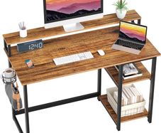 Computer Desk with Full Monitor Stand,100 cm Home Office Desk with Reversible Storage Shelves,Small Study Desk with Headphone Hook and Cup Holder,Oak