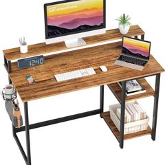 Computer Desk with Full Monitor Stand,100 cm Home Office Desk with Reversible Storage Shelves,Small Study Desk with Headphone Hook and Cup Holder,Oak