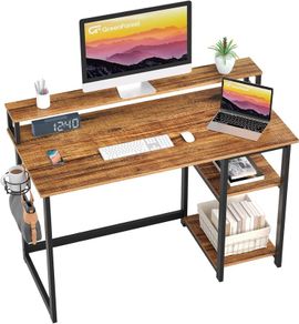 Computer Desk with Full Monitor Stand,100 cm Home Office Desk with Reversible Storage Shelves,Small Study Desk with Headphone Hook and Cup Holder,Oak