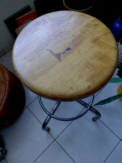 antique industrial stool wood seat metal legs strong sturdy