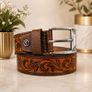 Unisex Genuine Leather Belt Vintage Embossed Design with Antique Buckle Casual & Formal Waist Belt Image 2