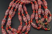 Antique Venetian Style Feather Desgin &amp; Venetian Red WhiteHeart Glass Beads Necklace