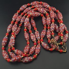 Antique Venetian Style Feather Desgin & Venetian Red WhiteHeart Glass Beads Necklace