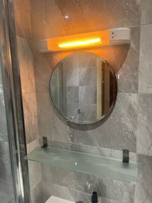 Bathroom light mirror and glass shelf