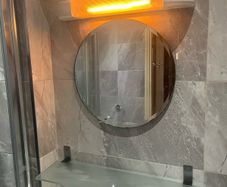 Bathroom light mirror and glass shelf