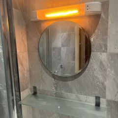 Bathroom light mirror and glass shelf