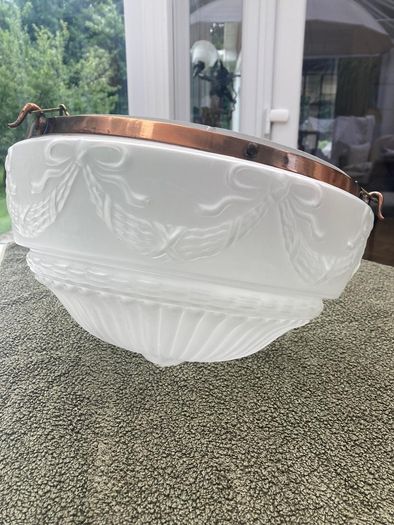 Vintage Art Deco Fluted White Opaque Glass and Copper Ceiling Light