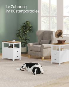 Set of 2 Narrow Bedside Table with Power Strip, 2 Drawers, Sofa Table, for Small Spaces, Maritime Style, Walnut Brown/White