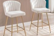 Beige Velvet Bar Stools Set Counter Stools for Dining Room Kitchen Stools with Metal Legs
