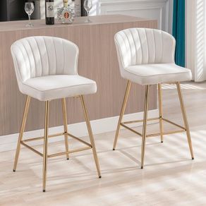 Beige Velvet Bar Stools Set Counter Stools for Dining Room Kitchen Stools with Metal Legs
