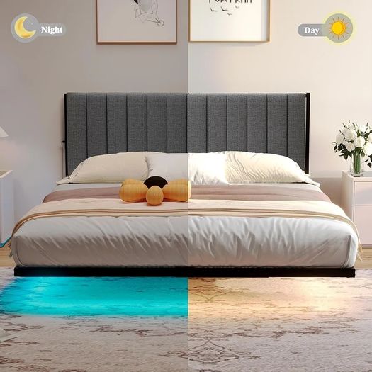 Double Bed Frame with Upholstered Headboard, 4ft6 Floating Bed Frame with Charging Station and LED Light, Metal Slats Support, No Box Spring Needed,Gray Double Bed