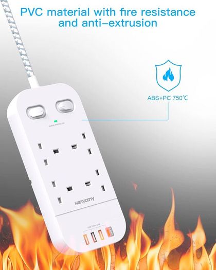 4 Way Surge Protected Extension Lead with USB Slots Multi Plug Power Strip Extension Cable with Double Switches, Plug Extension Socket 1.8M Braided Extension Cord for Home Office Accessories Brand: HANYCONY