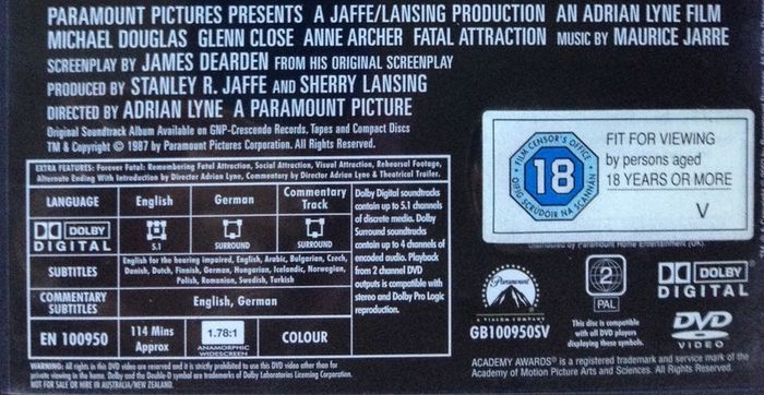 Fatal Attraction [1987] Michael Douglas, Anne Archer & Glenn Close [1xDVD Movie]