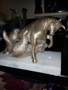 "Bull & Bear" Silvered Bronze Sculpture on Marble Base."Sert Foundry,Barcelona".