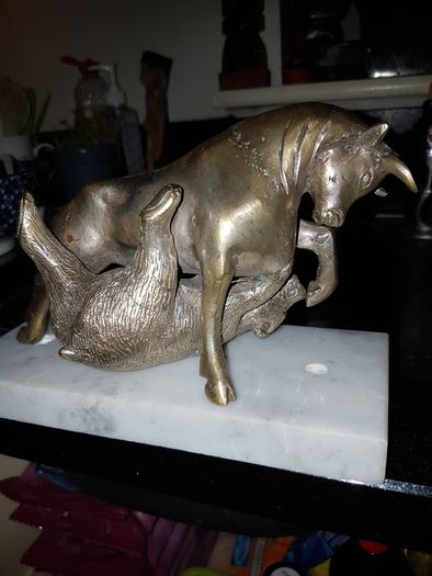 "Bull & Bear" Silvered Bronze Sculpture on Marble Base."Sert Foundry,Barcelona".
