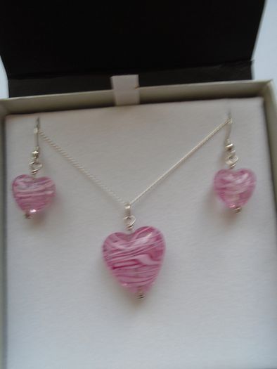 Jewellery set, Glass heart necklace.earrings,Silver jewellery.Valentines Day
