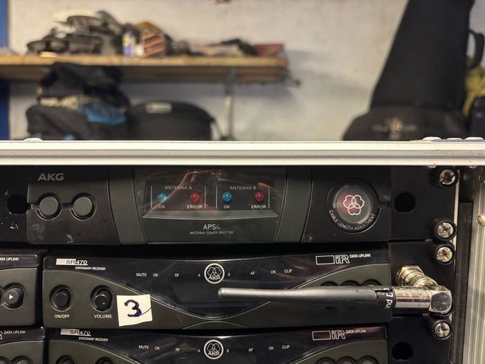 AKG radio microphone system:  4 x AKG HT 470 D Band 10 microphones with 4 x AKG SR470