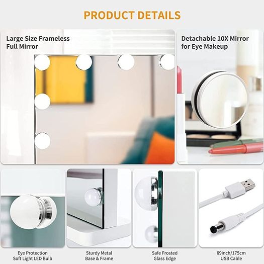Hollywood Vanity Mirror with Lights 50x42cm Large Lighted Makeup Mirror with 14 Dimmable LED Bulbs Touchscreen Control Cosmetic Tabletop Mirror for Bedroom Dressing Room (FREE POSTAGE)