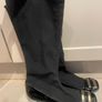 black stretch material boots with patent leather toe low chrome silver metal heel by Ras Image 3