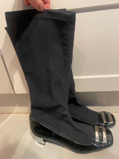 black stretch material boots with patent leather toe low chrome silver metal heel by Ras