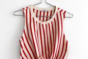 Pre Owned ZARA Red &amp; Cream Vertical Striped Front-Tie Crop Tank Top