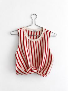 Pre Owned ZARA Red & Cream Vertical Striped Front-Tie Crop Tank Top