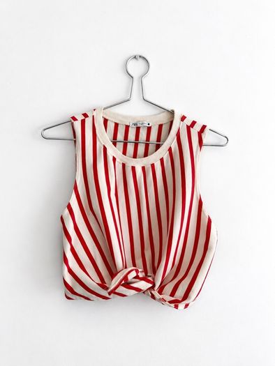 Pre Owned ZARA Red & Cream Vertical Striped Front-Tie Crop Tank Top