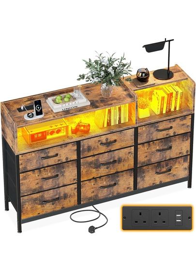 Chest of Drawers Bedroom, Dresser Cabinet with 2 Sockets, 2 USB Ports and 10 Colored LED Strips