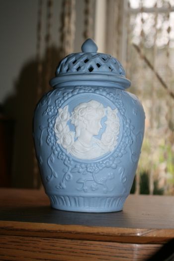 Large Blue Jasperware Vase. 1970s. H-7"