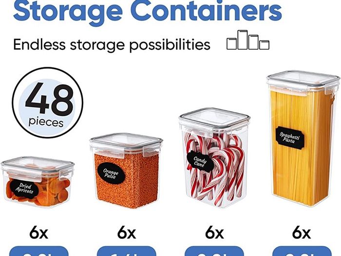 FREE P&P Food Storage Container Set - 24 Piece, Kitchen & Pantry Organization, BPA-Free, Plastic Canisters with Durable Lids Ideal for Cereal, Flour & Sugar - Labels, Marker & Spoon Set