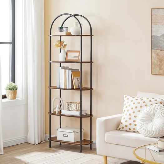 5-Tier Bookshelf, Bookcase with Metal Frame, Floor Standing Book Shelf, Arched Storage Shelf for Living Room, Office, 43 x 30 x 176 cm, Rustic Brown and Black