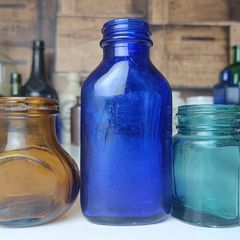 464 - Set of Three Beautiful Vintage Glass Decorative Collectible Bottles - Amber Eire Bovril, Cobalt Blue Magnesia and Turquoise Science Cream