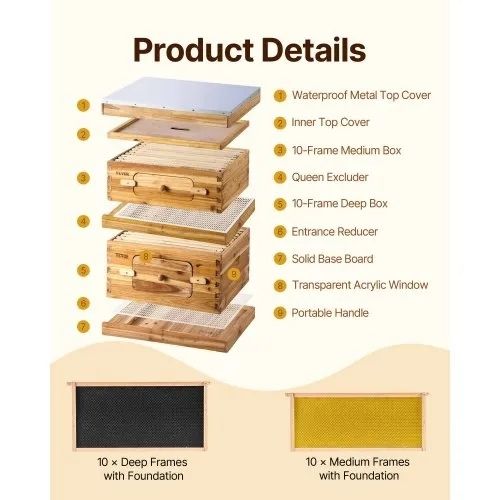Bee Hive 20 Frame Bee Hives Starter Kit, Beeswax Coated Fir Wood, 1 Deep + 1 Medium Bee Boxes Langstroth Beehive Kit, Transparent Acrylic Windows with Foundations for Beginners Pro Beekeepers
