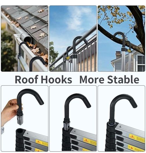 Telescopic Ladder 4.1M 13.5FT Aluminium Extension Loft Ladder with Stabilizer Bar and Detachable Hooks, Multi Purpose Extendable Portable Folding Ladders, EN131 (4.1M/13.5FT)