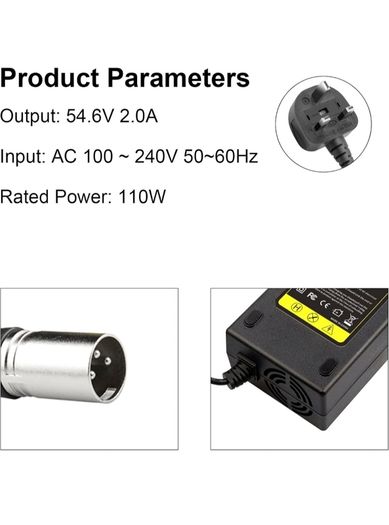 54.6V 2Amp Battery Charger for Electric Bike, 48V Lithium Battery Charger For Electric Scooter, Ebike, Mobility Scooter, XLR 3 Pin Connector IRISH  PLUG